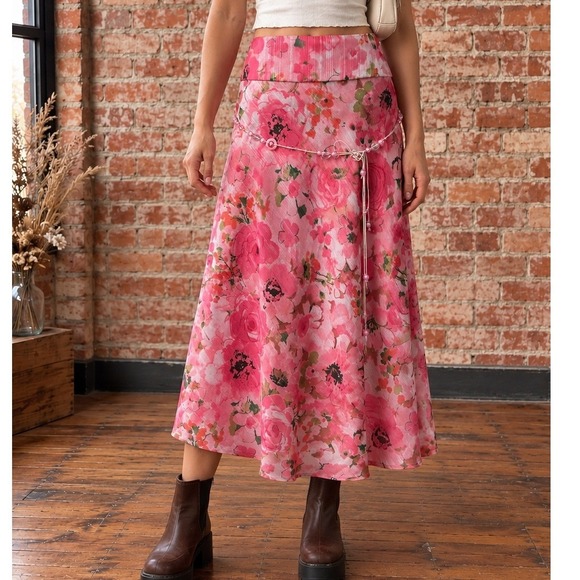 dressbarn Dresses & Skirts - Y2K Pink Floral Midi Skirt Beaded 8 Fairy Coquette Graden Romantic Cottagecore